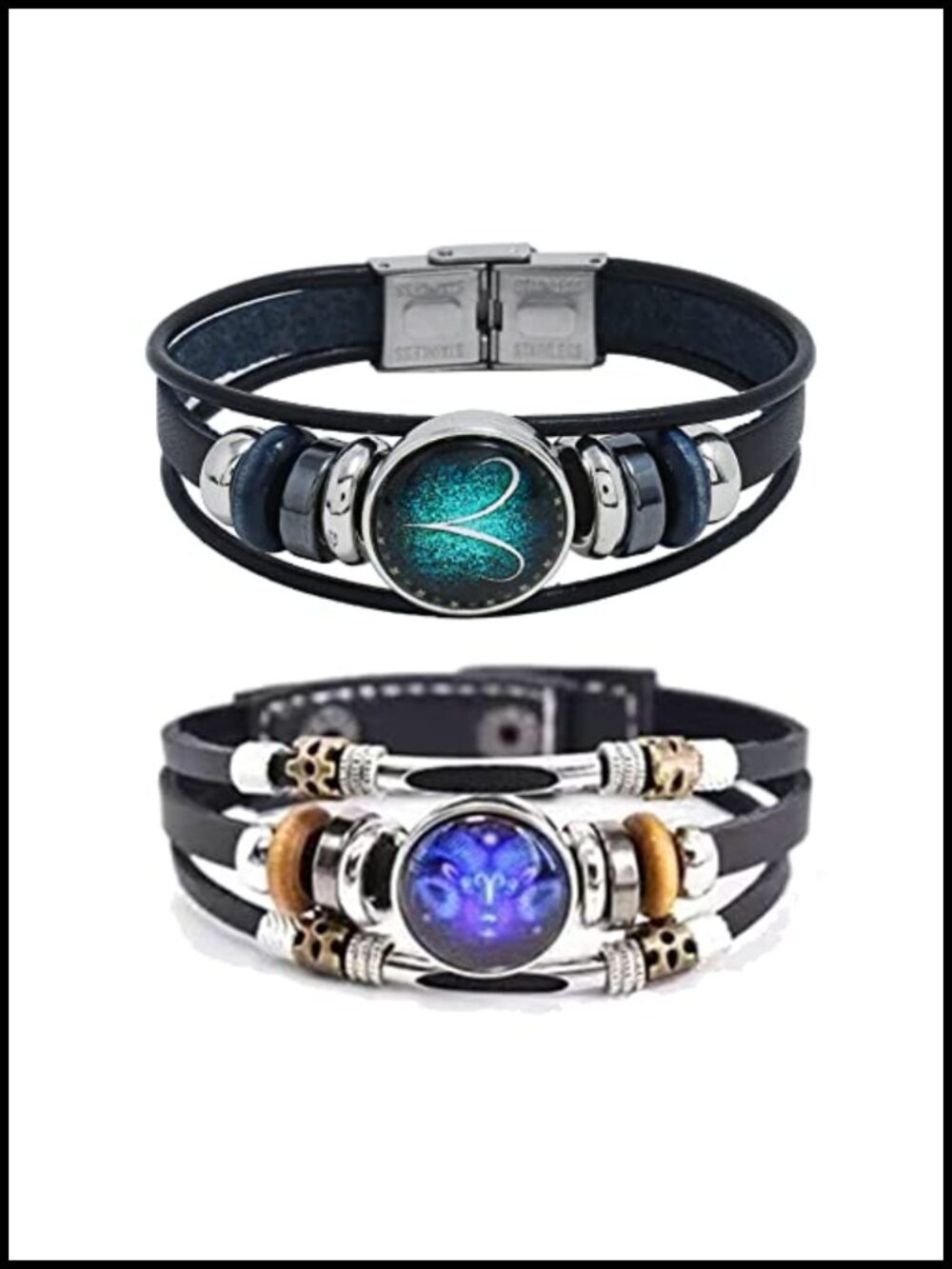 Constellation Zodiac Leather Wrap Bracelet 2Pcs Handmade Multilayer Wristband